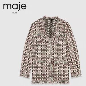 Maje Textured Knit Cardigan in Black, White, and Pink